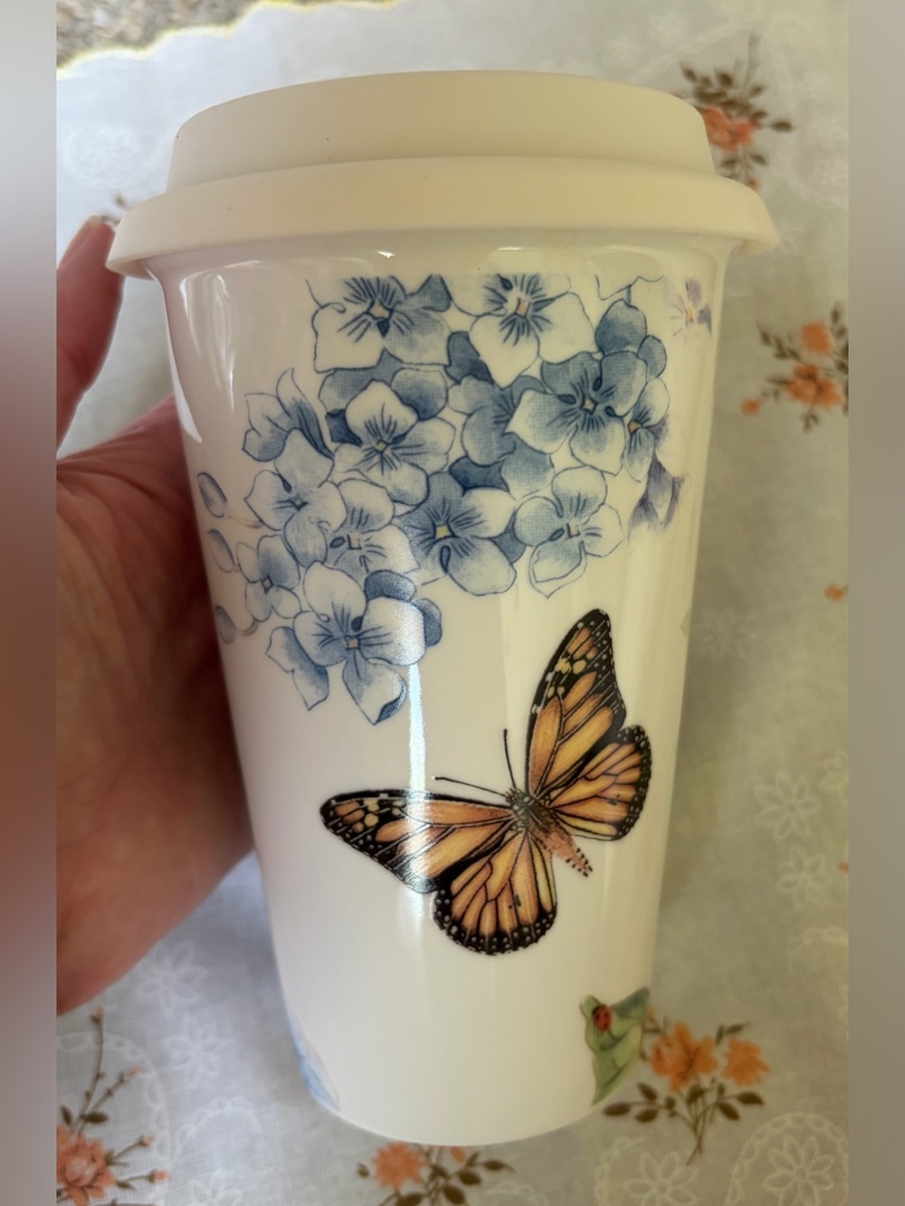 Lenox Butterfly Meadow Porcelain Tumbler in Cream with Orange Floral Accents